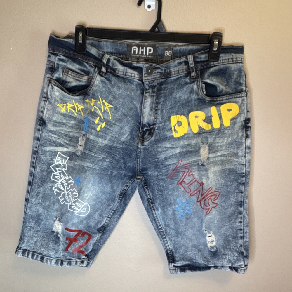 AHP Men's Acid Wash Denim Bermuda Shorts Distressed Graphic Paint Blue Pockets